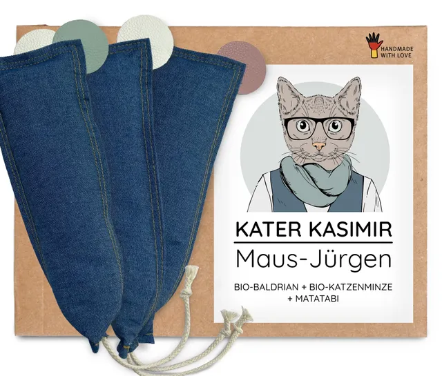 kater-kasimir-maus-j-rgen-3er-set-spielmaus-aus-bio-jeans-mit-katzenminze-baldri image 1